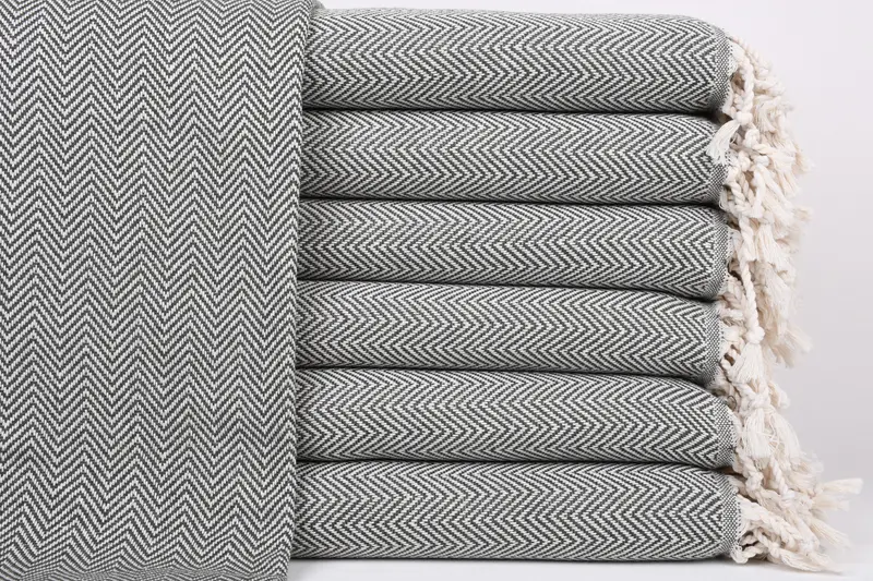 オーガニックトルコビーチタオル カーキグリーンヘリンボーン、40x71インチ - 1