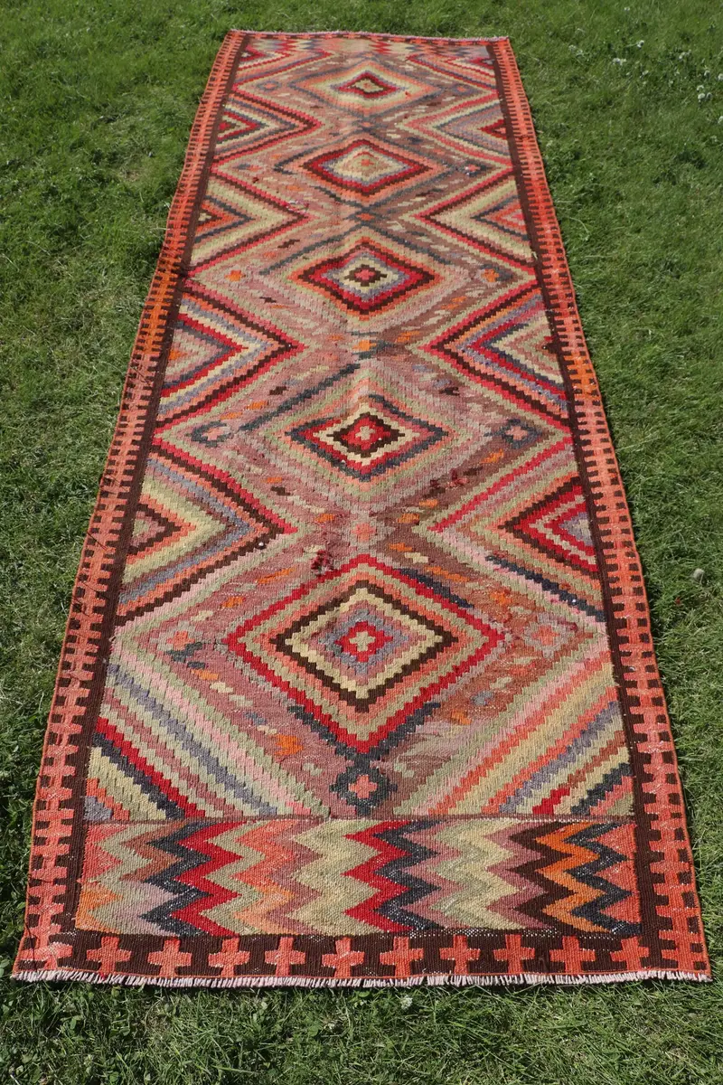 Lebendiger orange-grüner Teppich, 3,4 x 10,1 Fuß persisches Muster