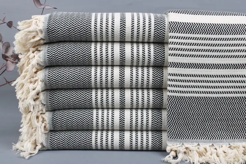 Turkish Beach Towel Striped Black Peshtemal, 40x71 Inches