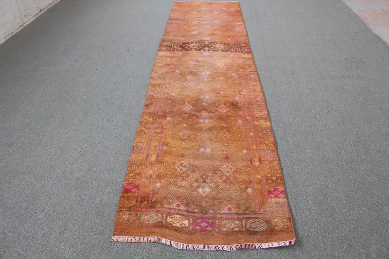 Vibrant Orange Rug, 2.9x11.6 ft Bordered Design