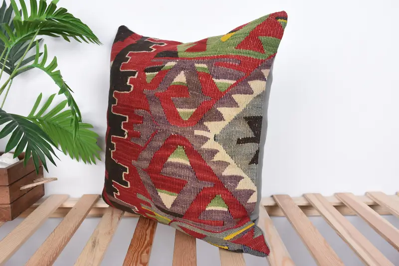 Pillow Cover, 20x20 Red Pillow, Boho Throw Cushion, Gift Pillow, Turkish Bench Pillow, Handmade Kilim Cushion, Home Decor Pillow, Yoga Pillow Case - 5