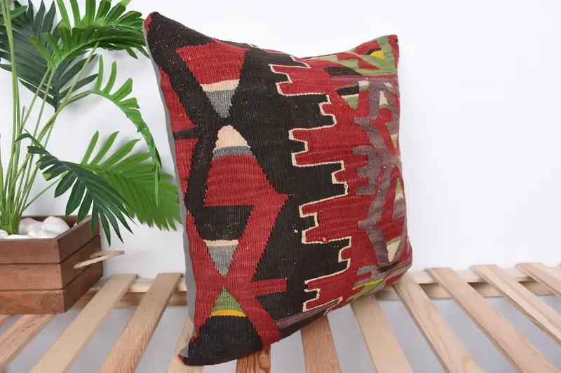Pillow Cover, 20x20 Red Pillow, Boho Throw Cushion, Gift Pillow, Turkish Bench Pillow, Handmade Kilim Cushion, Home Decor Pillow, Yoga Pillow Case - 4