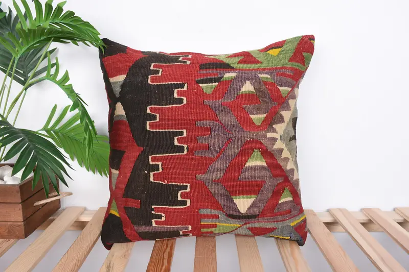 Pillow Cover, 20x20 Red Pillow, Boho Throw Cushion, Gift Pillow, Turkish Bench Pillow, Handmade Kilim Cushion, Home Decor Pillow, Yoga Pillow Case - 1