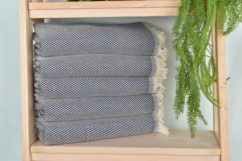 Monogram Beach Towel Navy Cotton Striped, Organic Cotton, 36x71 Inches