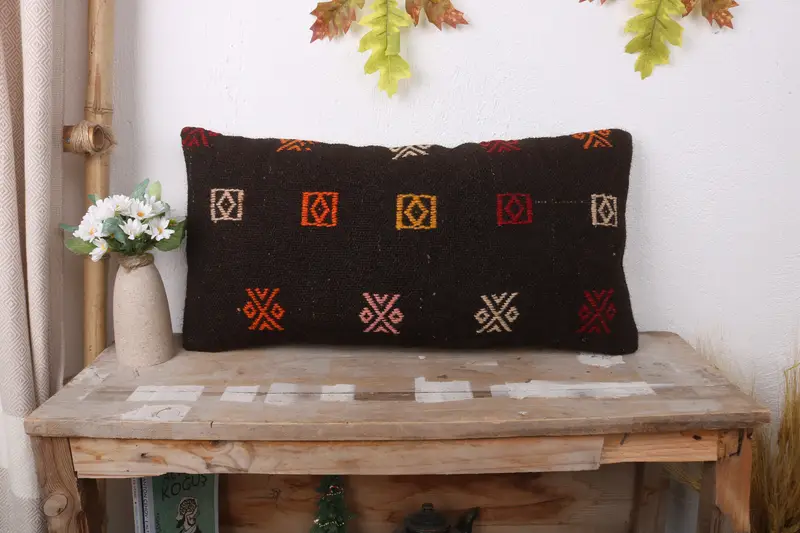 Pillow Case, Vintage Kilim Throw Pillow, 12x24 Brown Cushion, Antique Pillows, Chair Pillow Case, Pillow for Couch, Wool Kilim Pillow Cushion Case - 1
