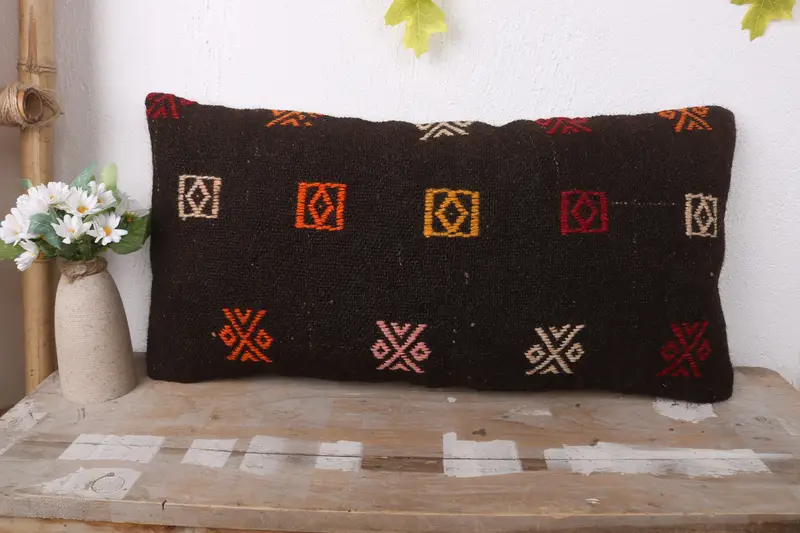 Pillow Case, Vintage Kilim Throw Pillow, 12x24 Brown Cushion, Antique Pillows, Chair Pillow Case, Pillow for Couch, Wool Kilim Pillow Cushion Case - 2