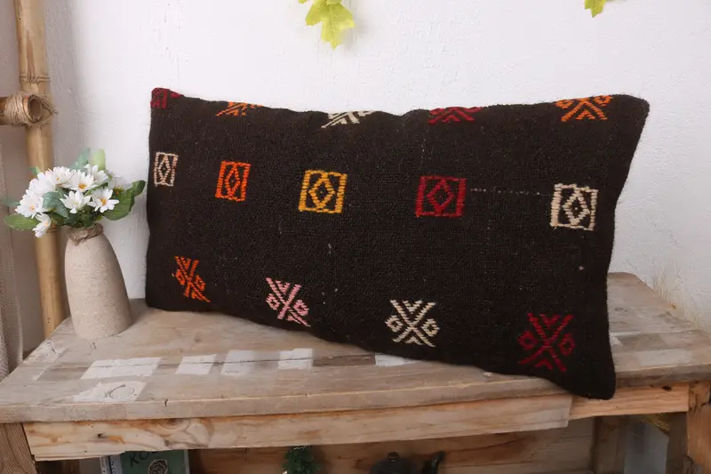 Pillow Case, Vintage Kilim Throw Pillow, 12x24 Brown Cushion, Antique Pillows, Chair Pillow Case, Pillow for Couch, Wool Kilim Pillow Cushion Case - 4