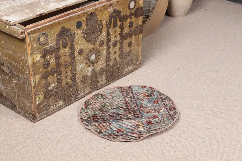 Mavi, Yeşil Çizgili Halı, 1.7x1.7 ft Geometrik Tasarım