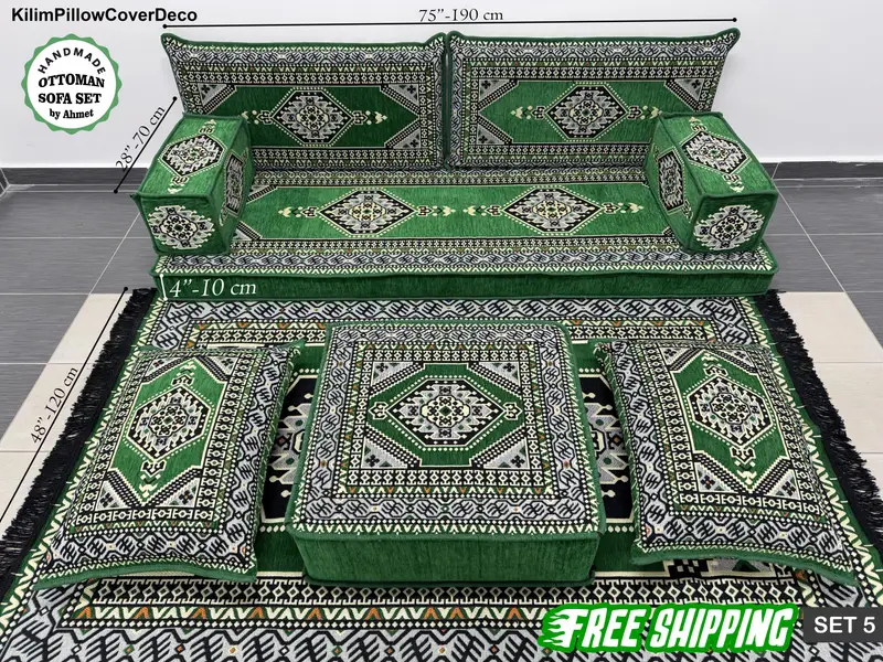 Rectangular Kilim Pouf, Green Wool Pouf with Black Accents