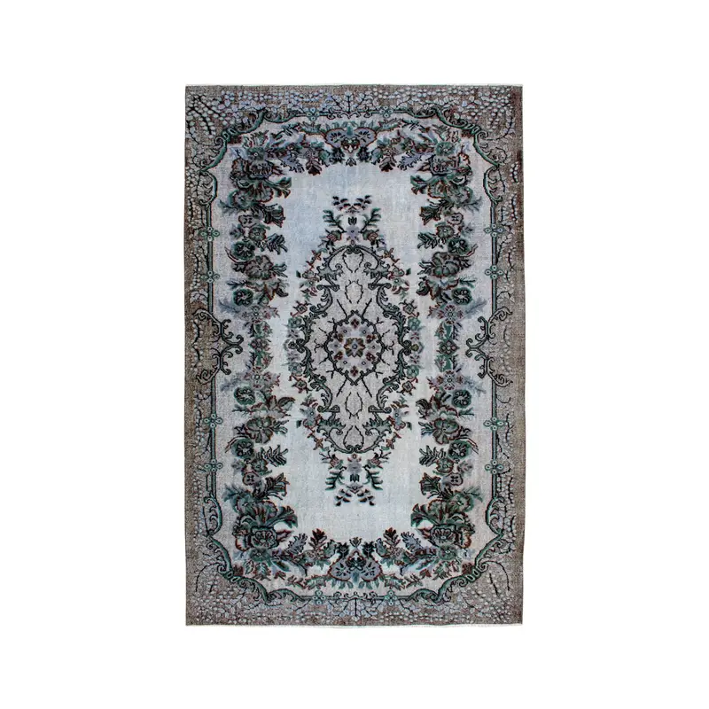 Vintage Turkish Oushak Rug 5.9x9.6 ft, Blue Large Floral Wool Rug - 1