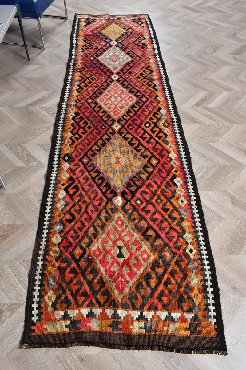 2.6x10.4 ft Vintage Kilim Halı, Kırmızı Türk Yün Halısı - 1