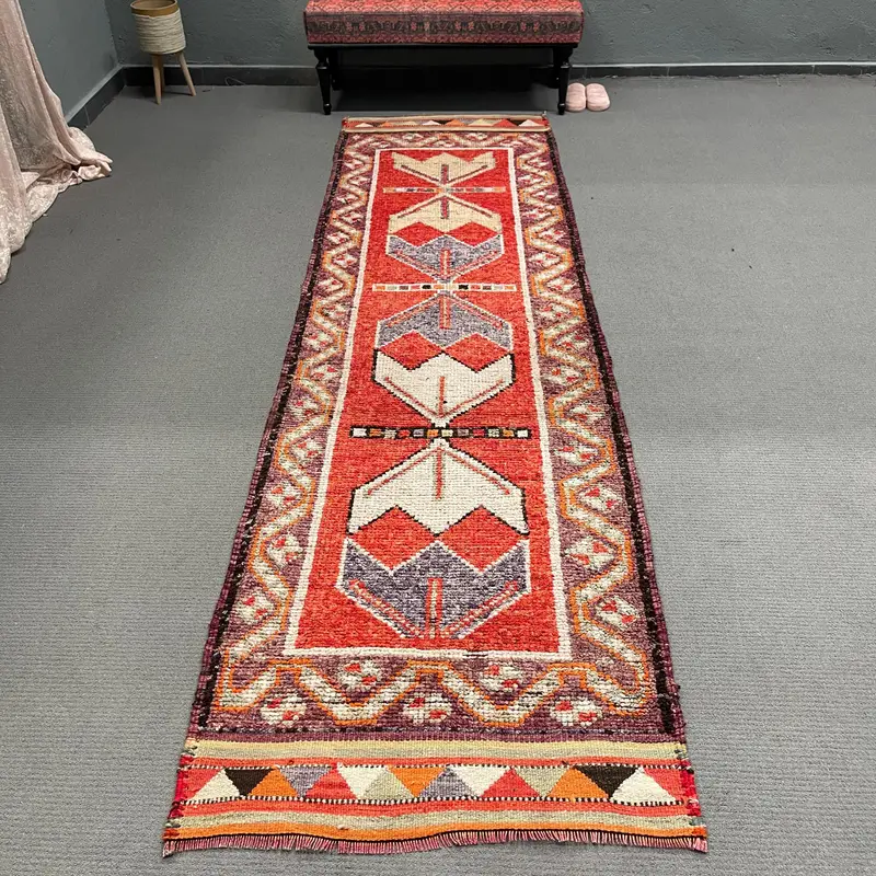 Vintage Teppich, 3x11,3 ft Läuferteppich, Rot Orange Herki Wollteppich - 1