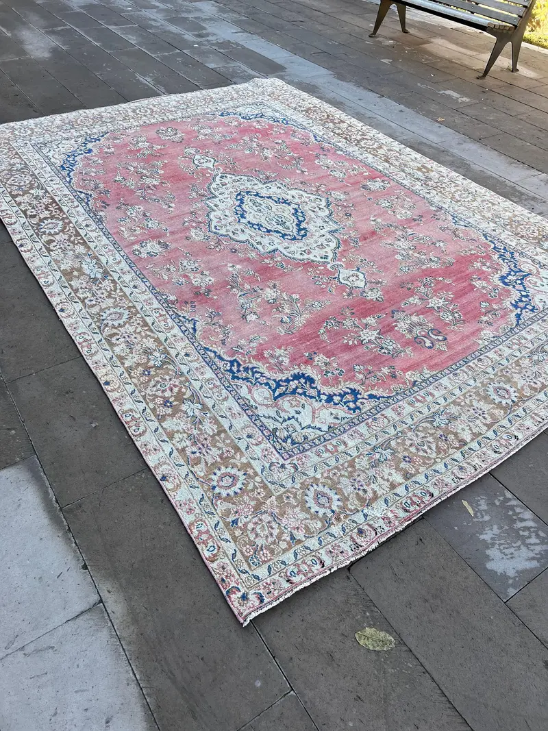 Vintage Oversize Rug 8.3x11.8 ft, Turkish Oushak Red Abstract Wool Rug - 1