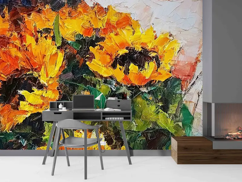 Bedruckte abstrakte Sonnenblumen-Tapete: Zeitgenössische Eleganz für Ihren Raum