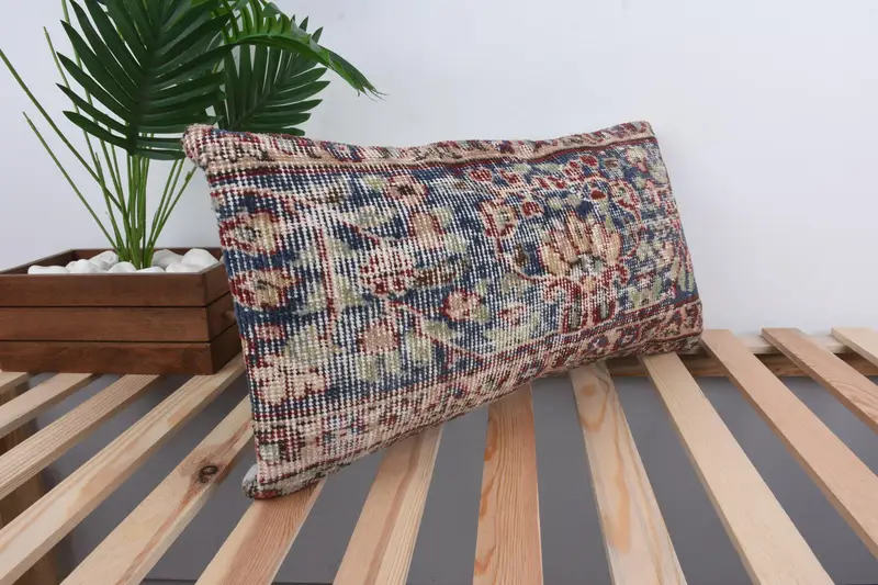 Vintage Kilim Pillow, 12x24 Blue Cushion, Cushion, Art Deco Pillow Sham, Pillow for Sofa, Vintage Kilim Throw Pillow, Handmade Rug Seat Pillow Case - 4