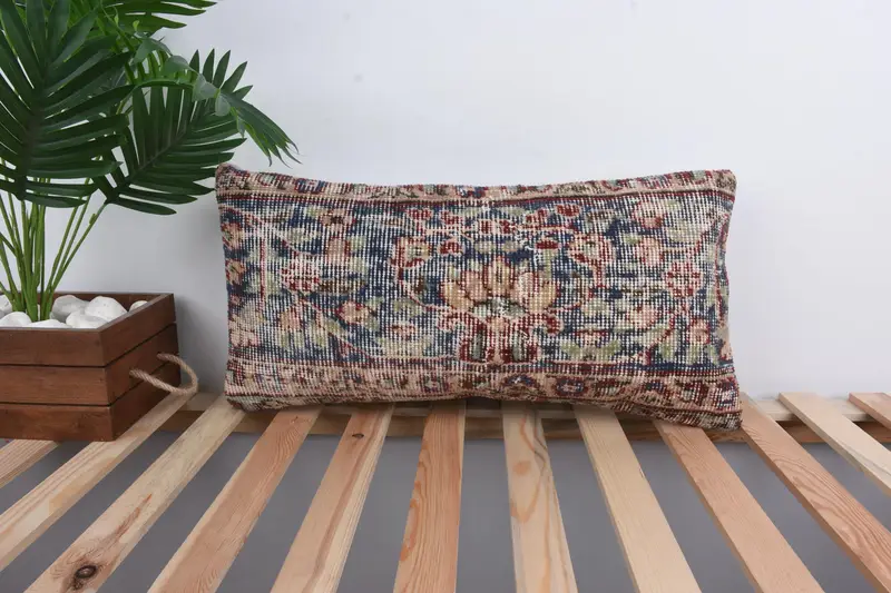 Vintage Kilim Pillow, 12x24 Blue Cushion, Cushion, Art Deco Pillow Sham, Pillow for Sofa, Vintage Kilim Throw Pillow, Handmade Rug Seat Pillow Case - 1