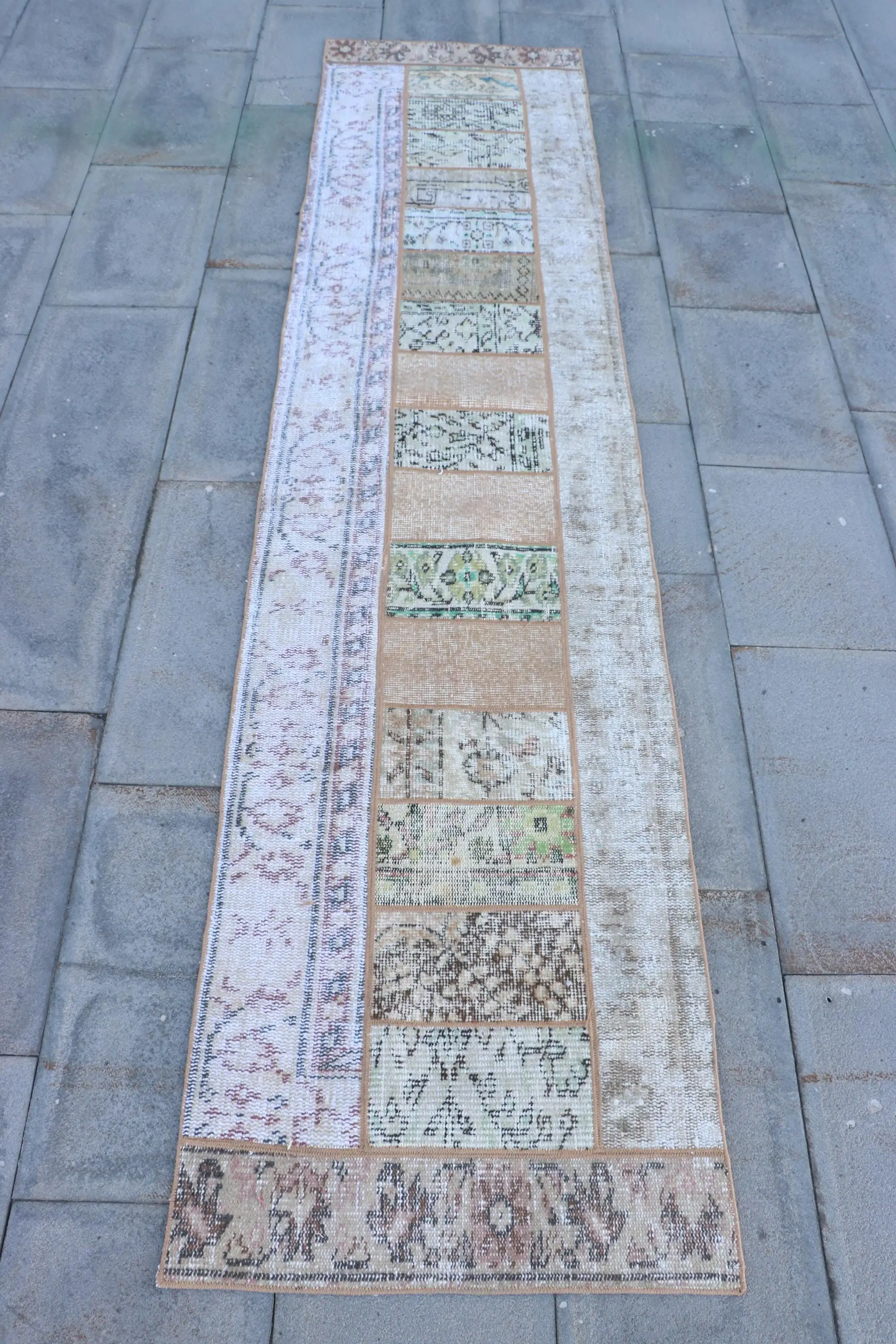 Türk Halısı 2.1x9 ft, Kahverengi Beyaz Güneybatı Yün Vintage Halı - 1