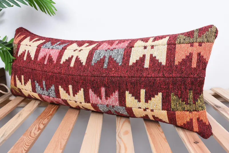 Vintage Throw Pillow Sham, 12x36 Red Cushion, Vintage Pillow, Kilim Pillow Cover, Hippie Throw Pillow Sham, Boho Pillow, Cushion - 5