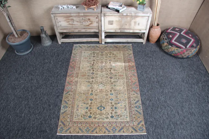Vintage 3.4x5.2 ft Rug, Oushak Turkish Rug, Green Geometric Wool Rug - 1
