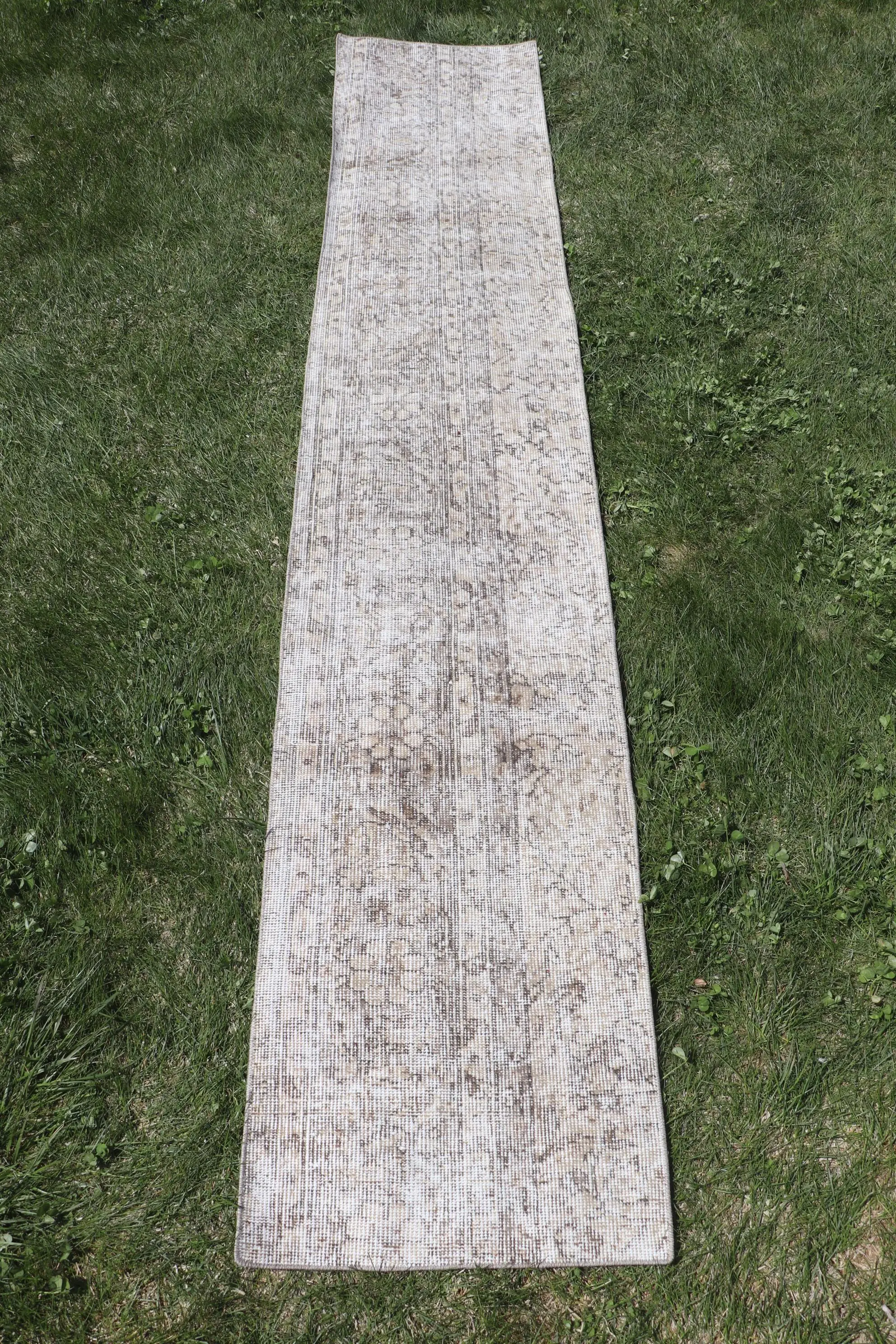 Vintage Turkish Rug, 1.6x8.5 ft Runner Rug, White Brown Plants & trees Wool Rug - 1