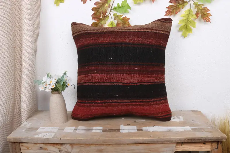 Handgefertigter Kilimkissen, 18x18 Gehäuse Roter Kissen, ethnischer Kilimteppichkissen, Kissenbezirk, Hippie -Wurfkissenschein, Kilim -Kissenbedeckung - 1
