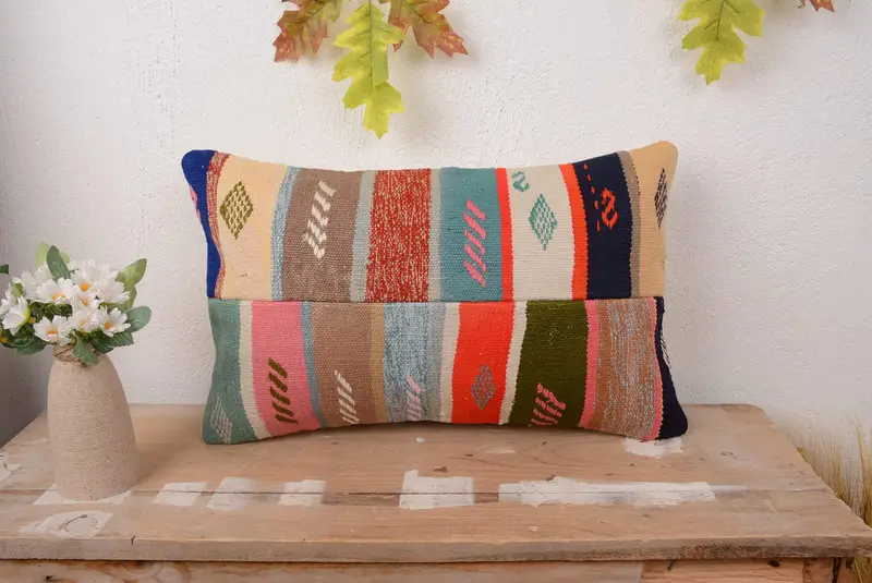 Regenbogen Patchwork Kissen, 12x20 handgemachtes Kissen