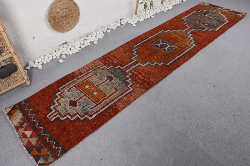 Turkish Rug, 2.3x10.3 ft Vintage Rug, Red Gray Moroccan Wool Rug