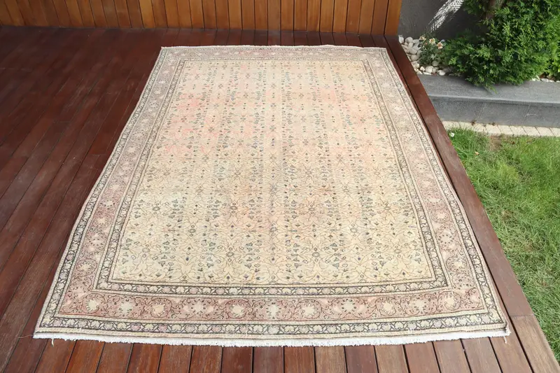 Vintage Rug, 5x7.3 ft Area Turkish Rug, Oushak Brown Pink Bordered Rug - 1