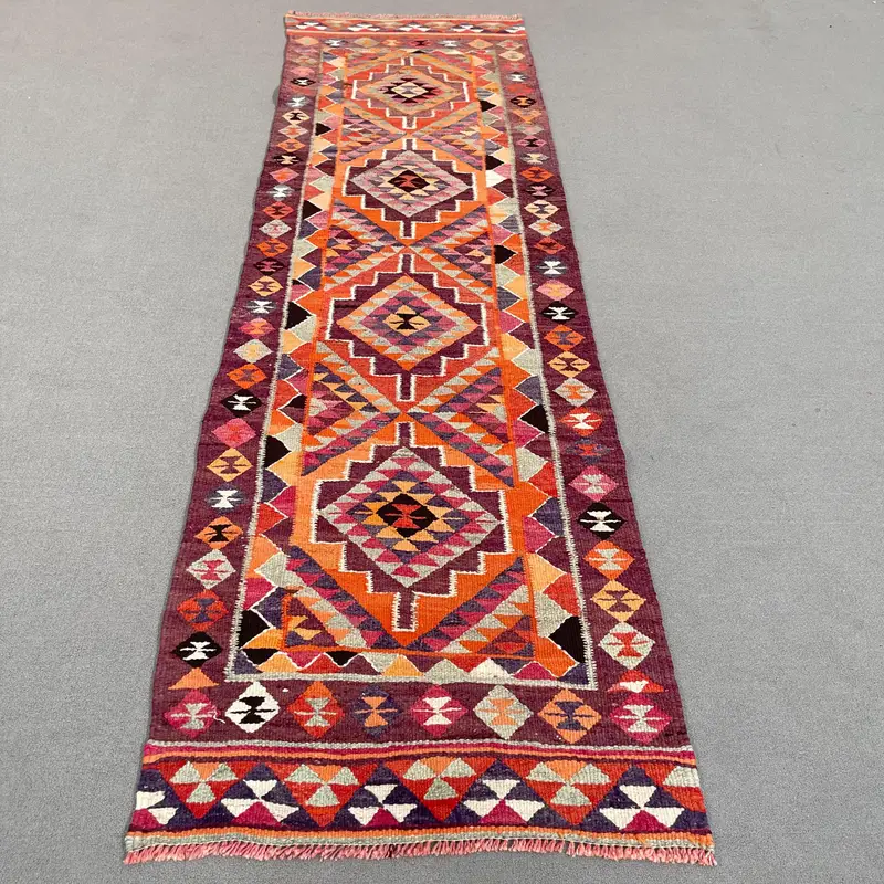 Mor İkat Halı, Turuncu Desenli 2,9x10,1 ft