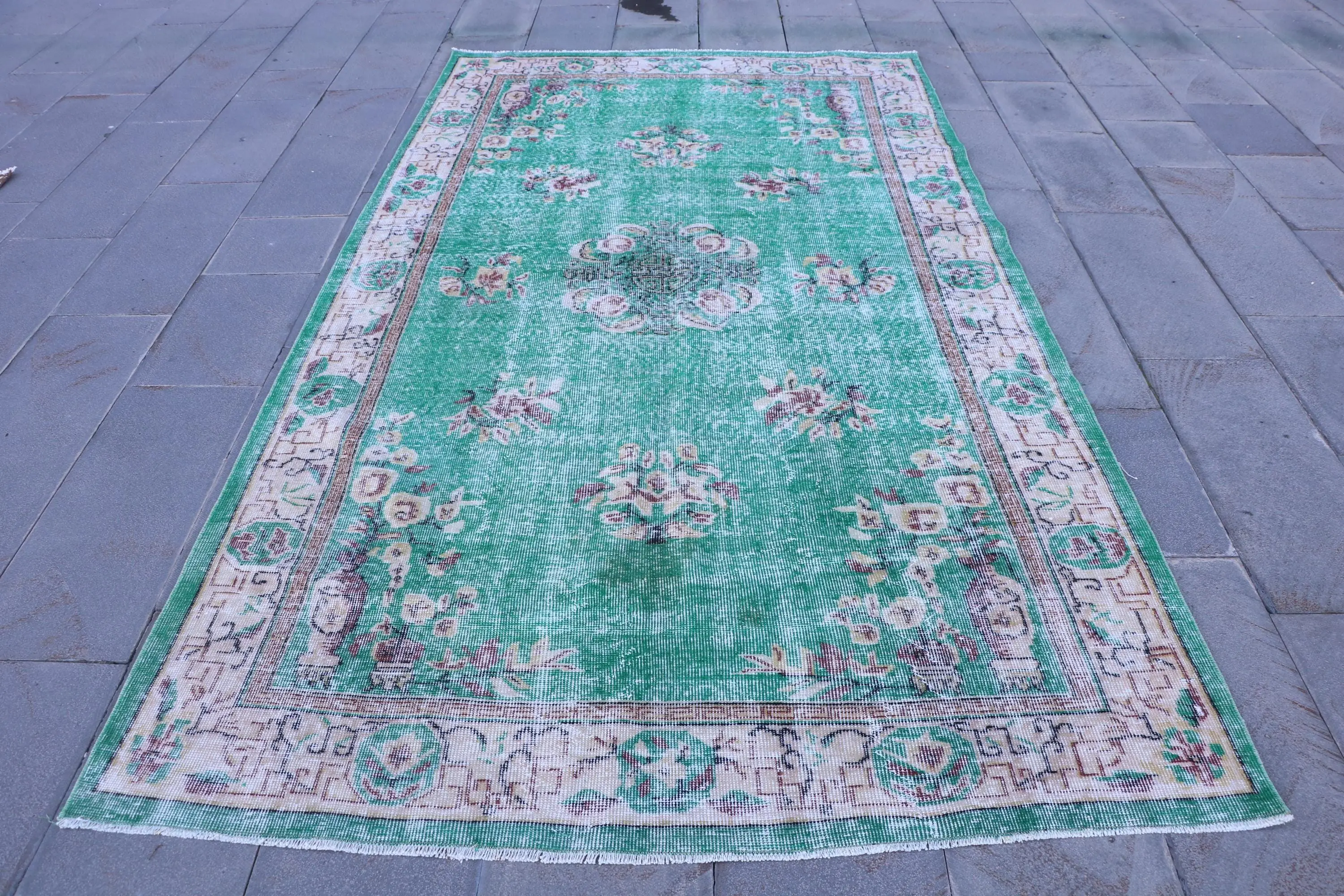 Türk Halısı, 5.3x9.6 ft Vintage Halı, Yeşil Beyaz Patchwork Yün Halı - 1