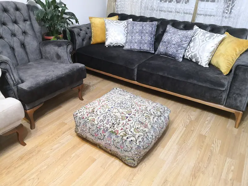 手作りキリム風グリーン&グレープーフ、装飾オットマンプーフ