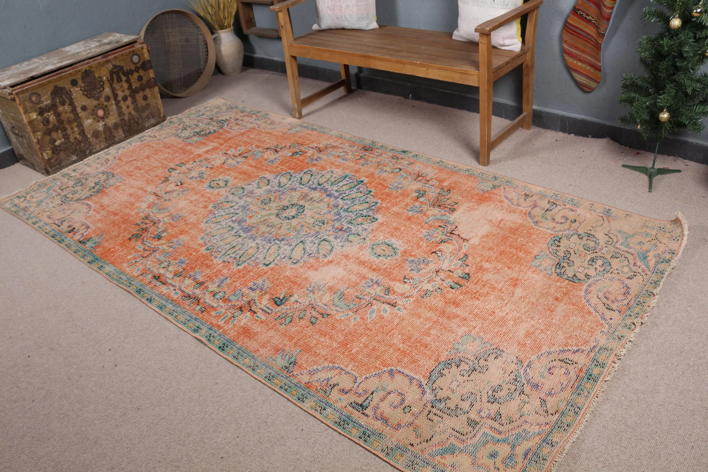 Vintage Büyük Halı 4,8x9,2 ft, Turuncu Mavi Güneybatı Halı Yün - 1