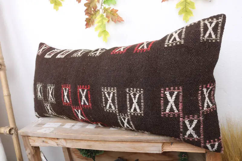 Cushion Case, Luxury Cushion, Pillow for Sofa, Ethnical Kilim Rug Pillow, Art Deco Pillow Cover, 16x36 Brown Pillow Sham, Kilim Cushion Sham - 4