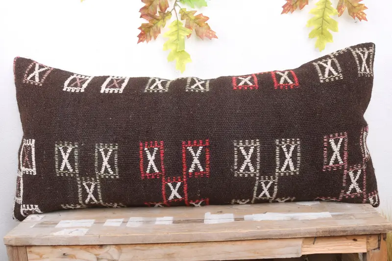 Cushion Case, Luxury Cushion, Pillow for Sofa, Ethnical Kilim Rug Pillow, Art Deco Pillow Cover, 16x36 Brown Pillow Sham, Kilim Cushion Sham - 2