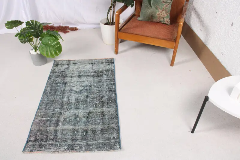 2.1x3.6 ft Oushak Halı, Türk Vintage Halısı, Mavi Gri Çiçekli Halı - 1