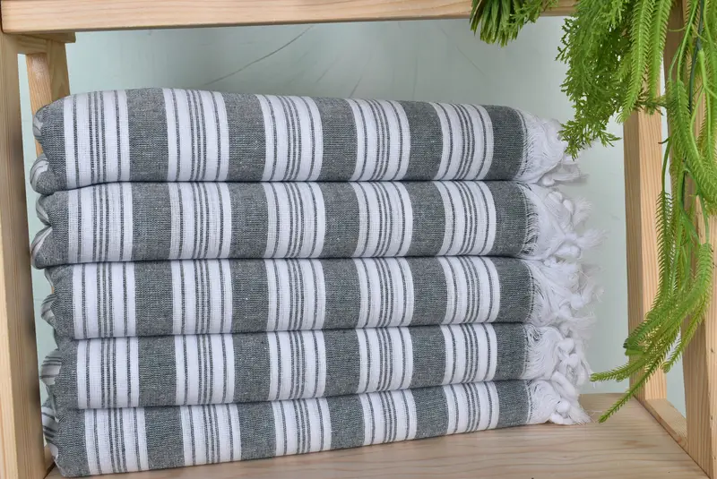 Petrol Green Cotton Striped Bath Towel, Organic Linen, 40x70 Inches