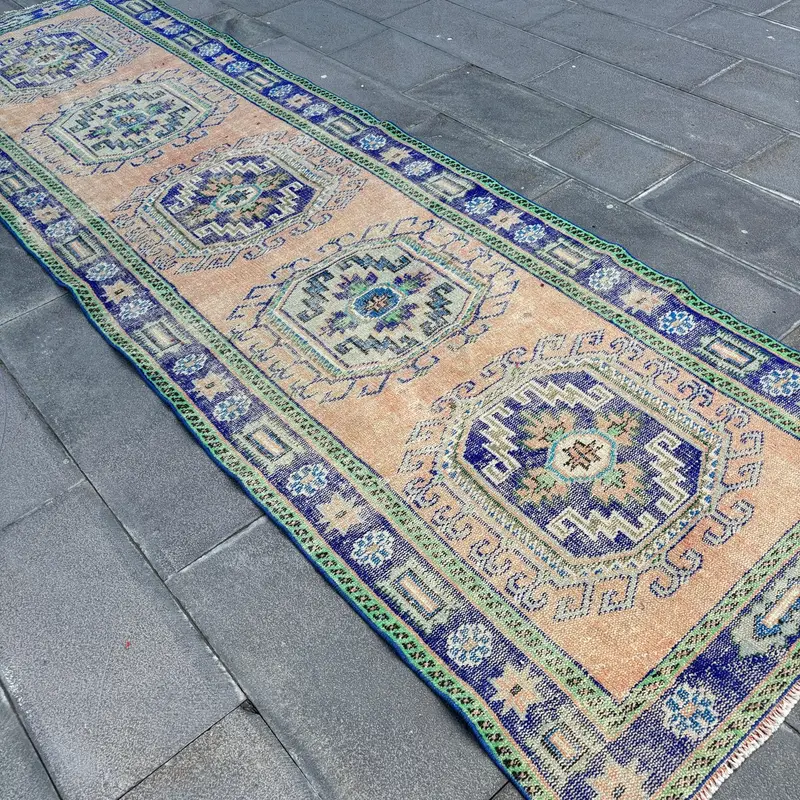 3.6x12.2 ft Halı, Vintage Türk Yolluk Halısı, Mavi Oushak Yün Halı - 1