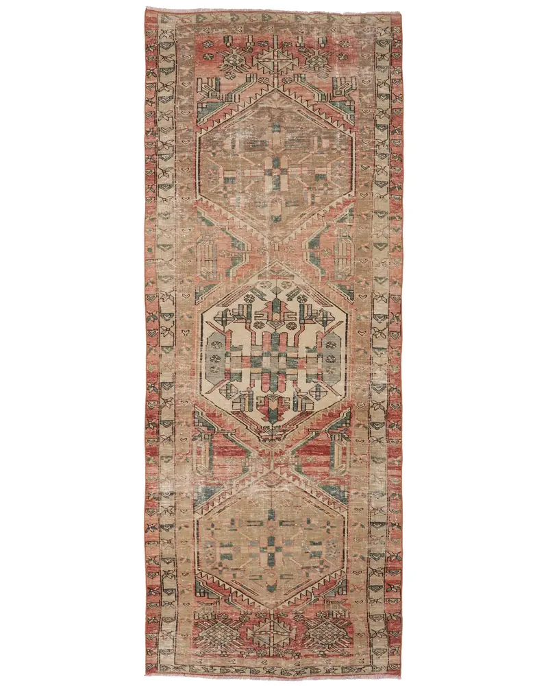 Green & Orange Rug, 3.8x10.2 ft Bordered Design