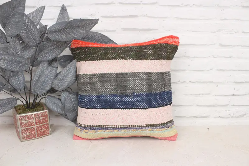 Natural Cushion Cover, Kilim Pillow Cover, Cushion Cover, Ethnical Kilim Rug Pillow, Aesthetic Pillow, 16x16 Blue Pillow Sham, Vintage Kilim Pillow - 1