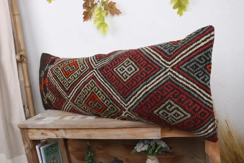 Decorative Throw Cushion Cover, Home Decor Pillow, Ethnical Kilim Rug Pillow, Vintage Pillow, Anatolian Pillow Sham, 12x36 Red Pillow, Pillow Sham - 4