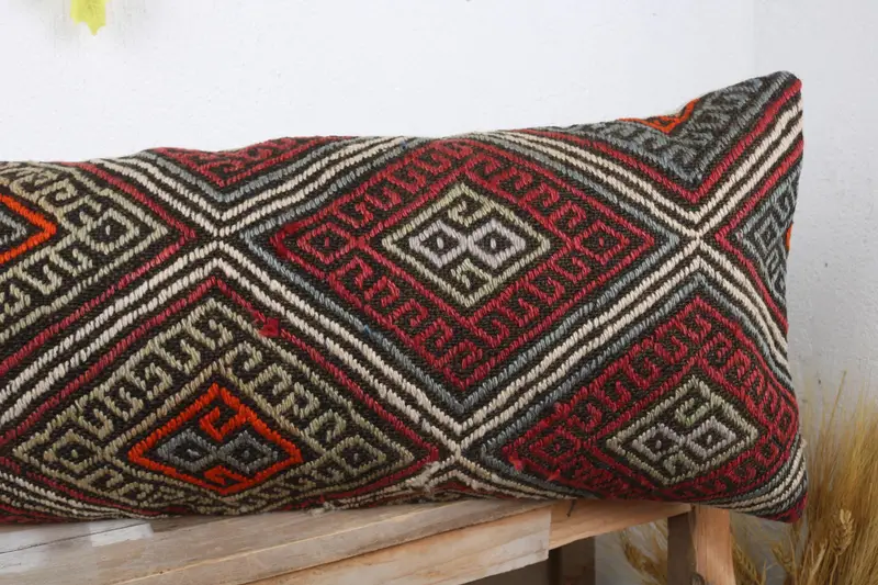 Decorative Throw Cushion Cover, Home Decor Pillow, Ethnical Kilim Rug Pillow, Vintage Pillow, Anatolian Pillow Sham, 12x36 Red Pillow, Pillow Sham - 5