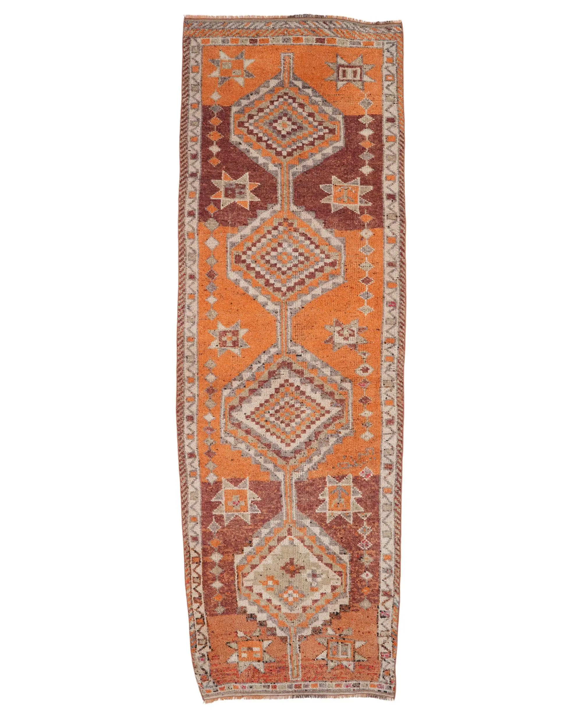 Vintage 3,4x11,1 ft Teppich, türkischer Läuferteppich, orange braun karierter Wollteppich - 1