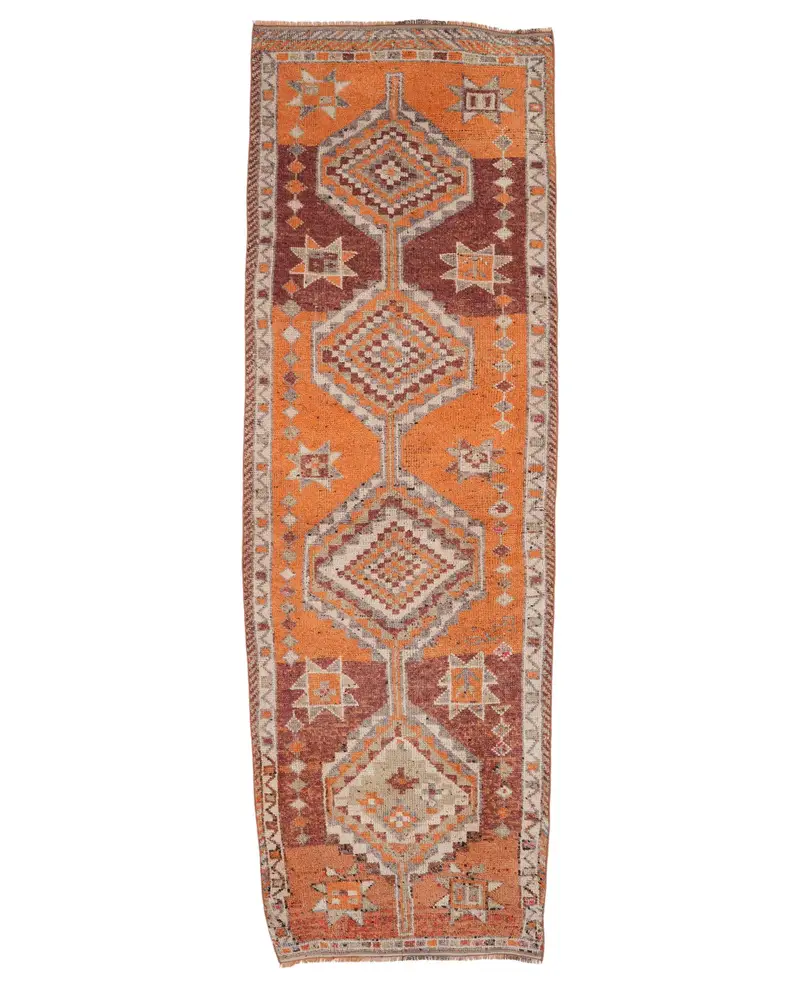 Turuncu ve Mavi Kareli Halı, 3,4x11,1 ft Şık Dekor