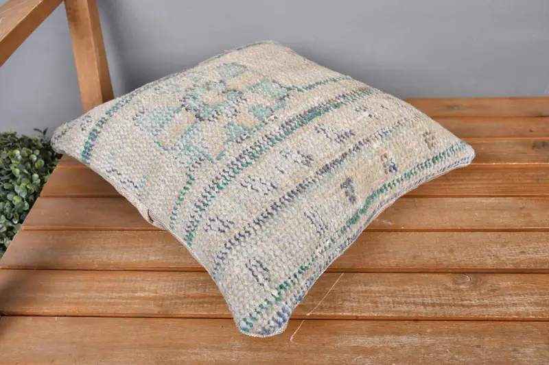 Boho Pillow, Lounge Throw Pillow Sham, Vintage Kilim Throw Pillow, 14x14 Beige Cushion Case, Kilim Pillow, Pillow Sham - 2