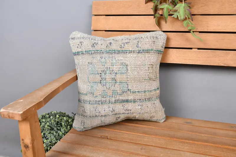 Boho Pillow, Lounge Throw Pillow Sham, Vintage Kilim Throw Pillow, 14x14 Beige Cushion Case, Kilim Pillow, Pillow Sham - 1