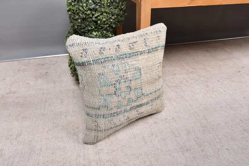 Boho Pillow, Lounge Throw Pillow Sham, Vintage Kilim Throw Pillow, 14x14 Beige Cushion Case, Kilim Pillow, Pillow Sham - 7