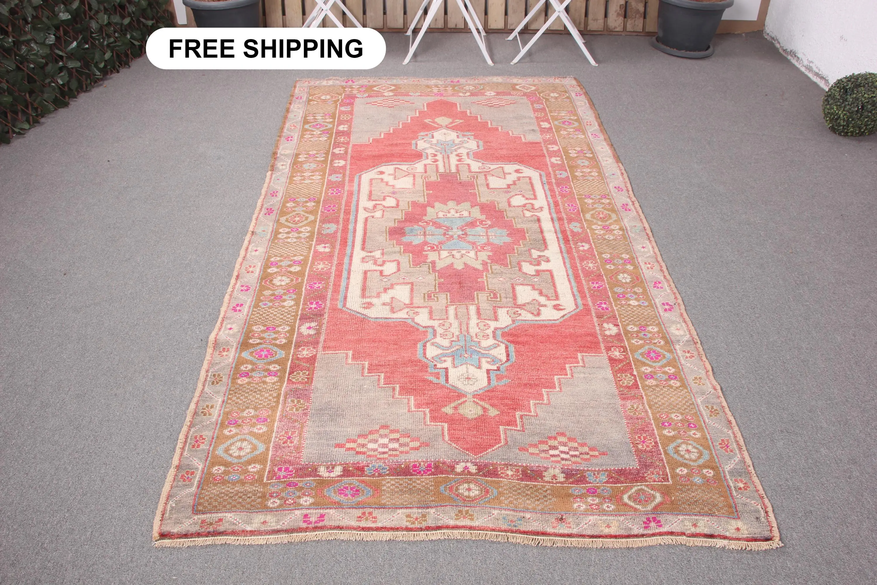 Turkish Rug, 4.4x8 ft Vintage Rug, Red Plants & trees Wool Rug - 1
