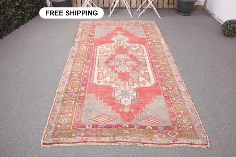 レッド&グレーラグ、4.4x8フィートボタニカルデザイン