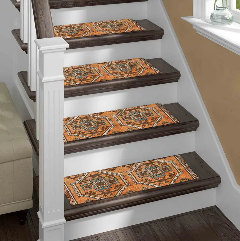 Orange & Brown Geometric Stair Rug, Printed Kilim Design