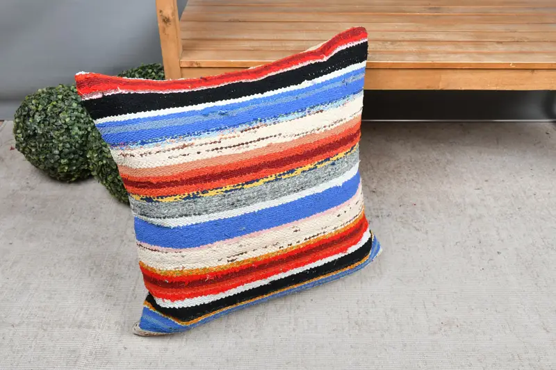 Red & Blue Striped Decorative Pillow, 24x24 Inches Size Pillow - 7